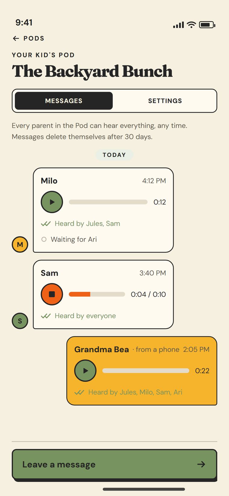 The Backyard Bunch Pod in the app: voice messages from Milo and Sam with “heard by” ticks, and a message from Grandma Bea marked “from a phone.”