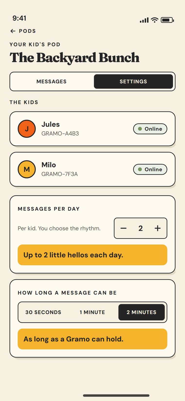 Pod settings in the app: Jules and Milo shown online, messages per day set to 2, and message length set to 2 minutes.